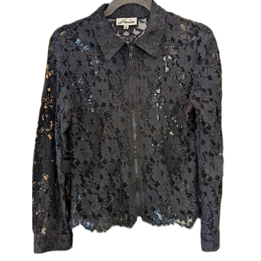 Harlow M All Over Lace Shirt Black Sheer Collared Red Thread Going Out Sexy Goth